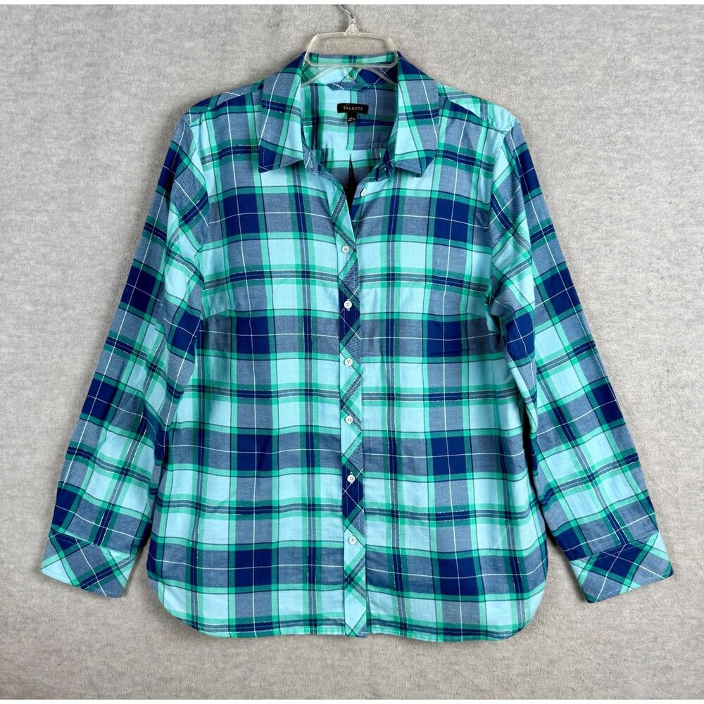 Talbots L Modern Classic Button Up Lightweight Flannel Shirt Blue Green Plaid - Picture 3 of 7